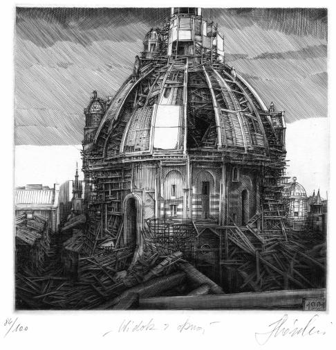 grafika Krzysztofa Skórczewskiego pt. "Widok z okna", na której widać ruiny kopuły kościoła